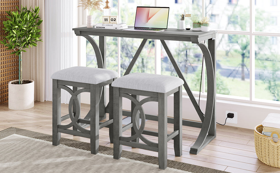 Topmax - 4-Piece 30" Rustic Brown Counter Height Table with Fabric Padded Stools and Socket