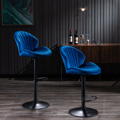 Molaris - Set of 2 - 30" Blue Velvet Adjustable Bar Stools with Backrest, Footrest, and Modern Design