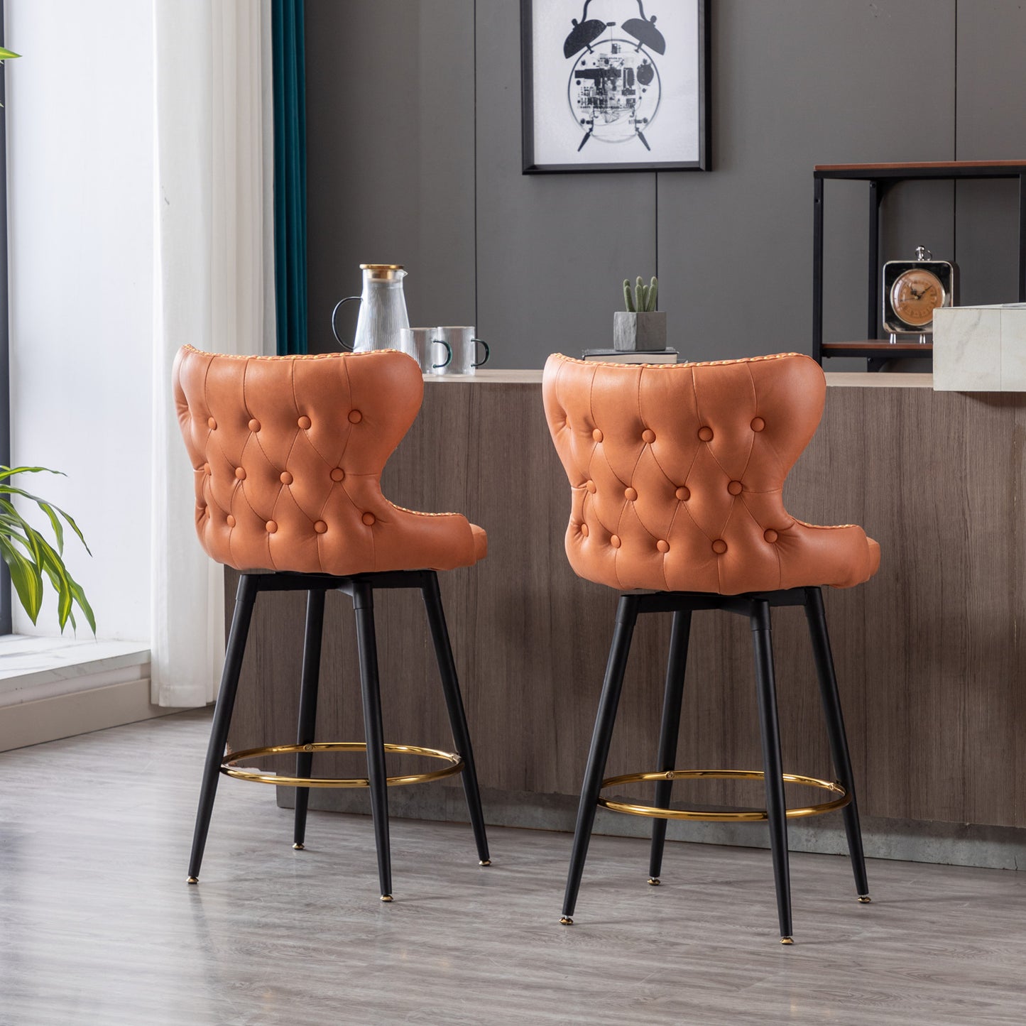 Vera - Set of 2 - Orange 25" Counter Height Swivel Bar Stools with Tufted Leathaire Fabric, Gold Nailhead Trim, and Black Metal Legs