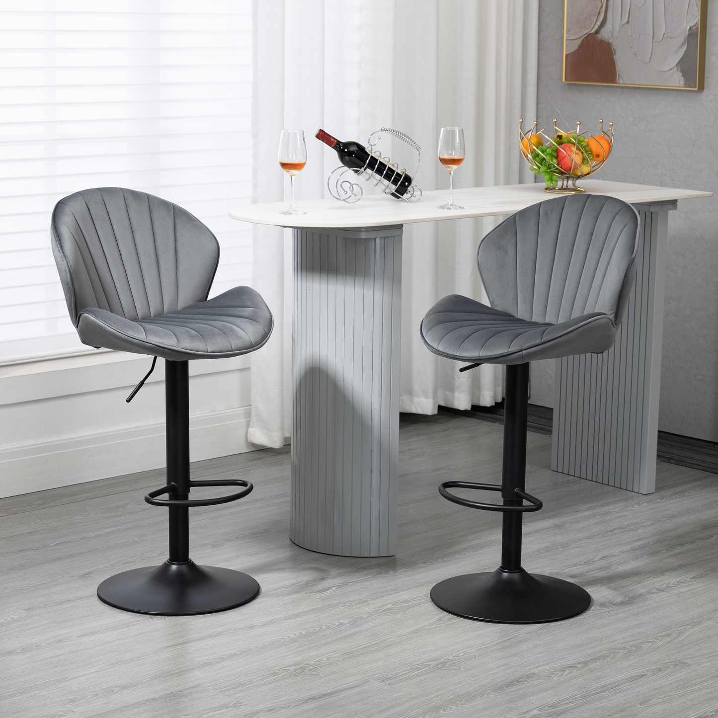 Victor - Set of 2 - 24-33" Adjustable Bar Stools with 19.49" Wide Grey Velvet Upholstery and Black Metal Base