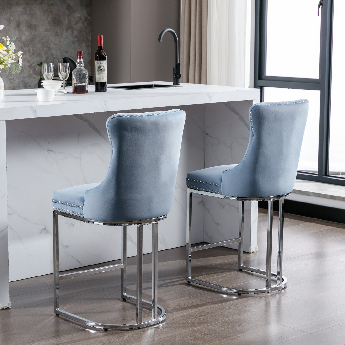 Harris - Set of 2 - 26" Light Blue Velvet Counter Height Bar Stools with Button Tufted Back, Rivet Trim, and Chrome Base for Kitchen Island