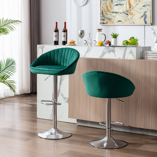 Sherwood - Set of 2 - 25" Emerald Velvet Adjustable Counter Height Bar Stools with Backrest and Footrest