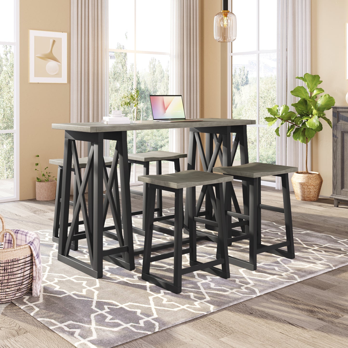 Kassian - Set of 5 - 24" Counter Height Dining Set with Solid Rubberwood, Gray Finish, and 4 Stools