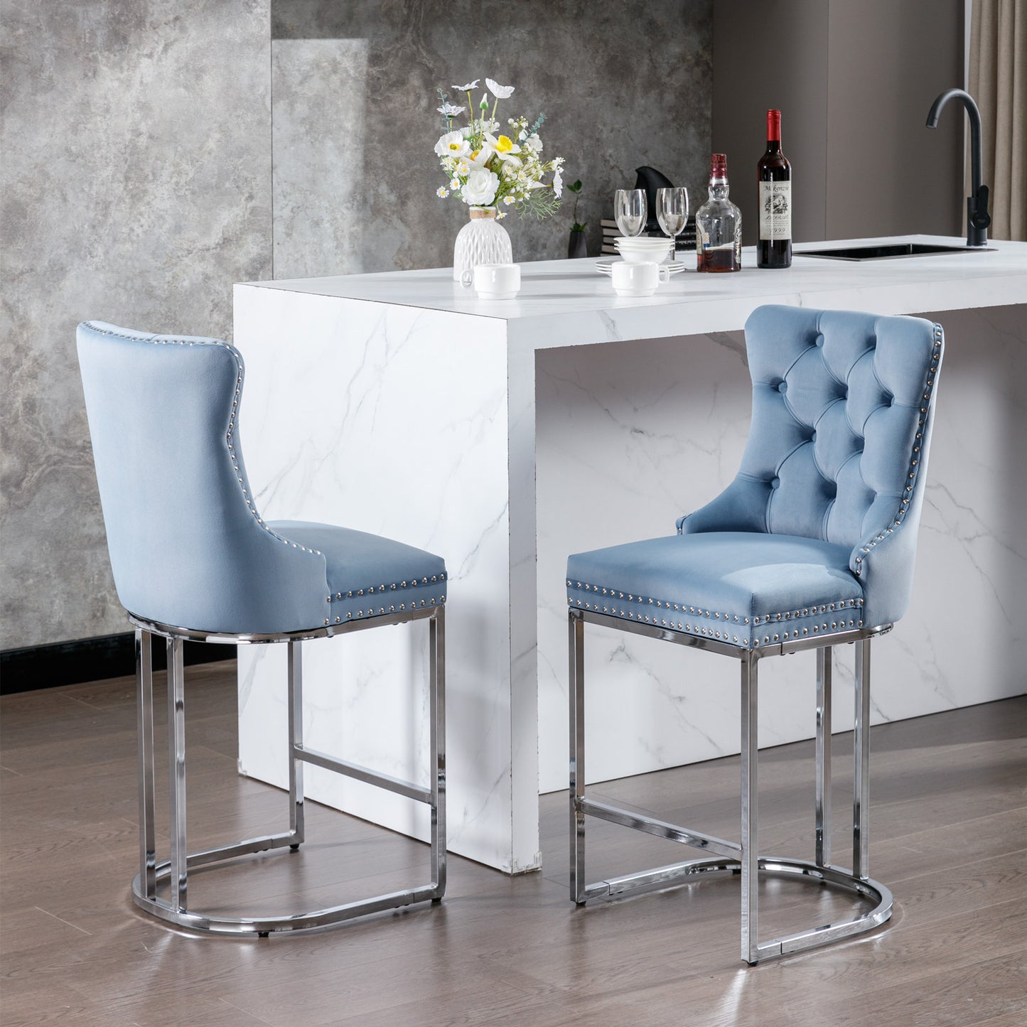 Harris - Set of 2 - 26" Light Blue Velvet Counter Height Bar Stools with Button Tufted Back, Rivet Trim, and Chrome Base for Kitchen Island