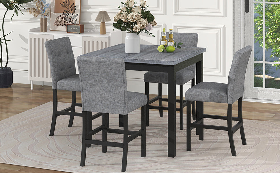 Lethyr - Set of 2 - 24" Black & Gray Rubberwood Counter Stools with Upholstered Seats, 5-Piece Dining Set, Square Table (36”H)