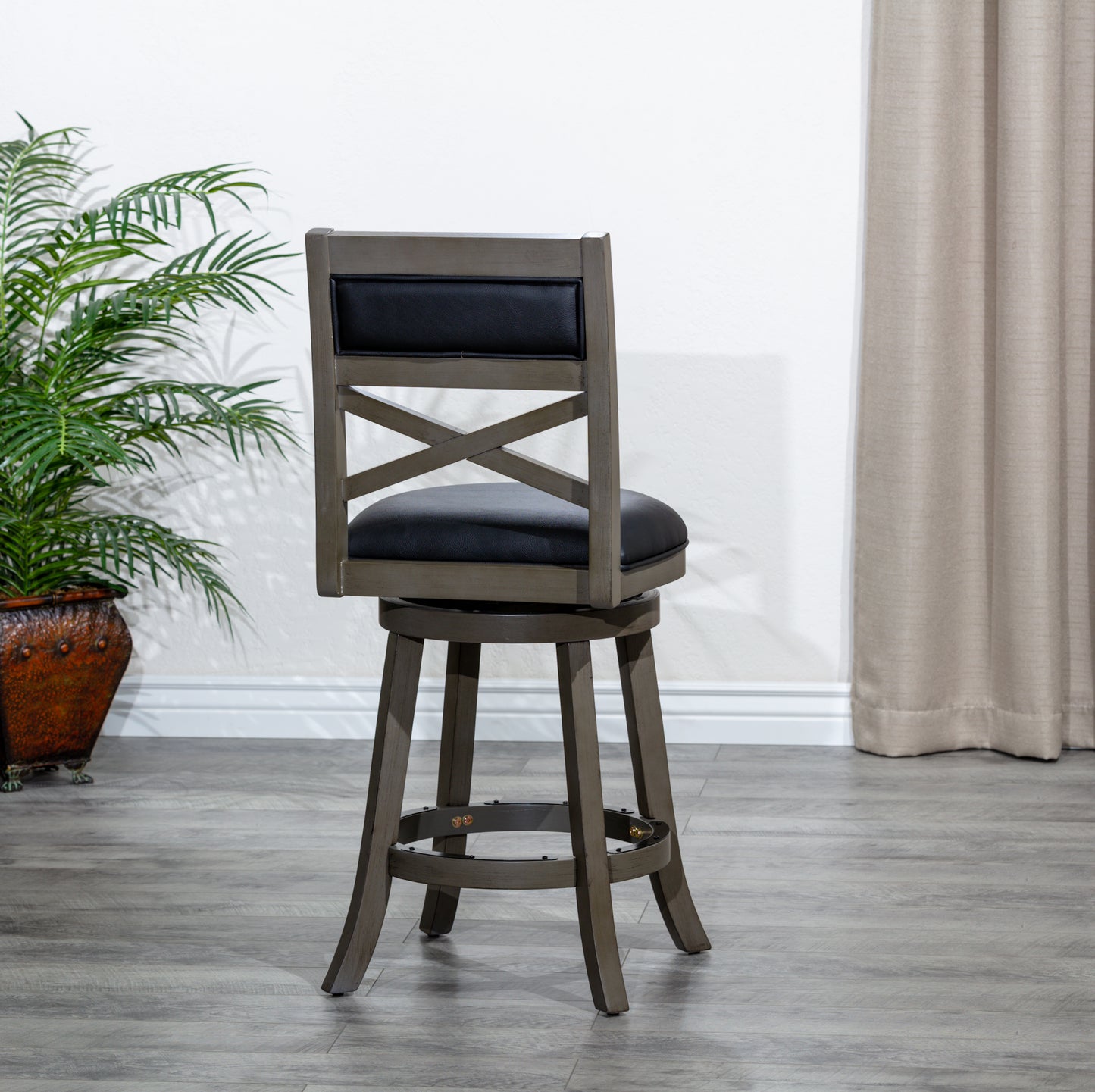 Saraya - Set of 2 - 24" Weathered Gray Counter Height Swivel Stools with Black Leather Seats