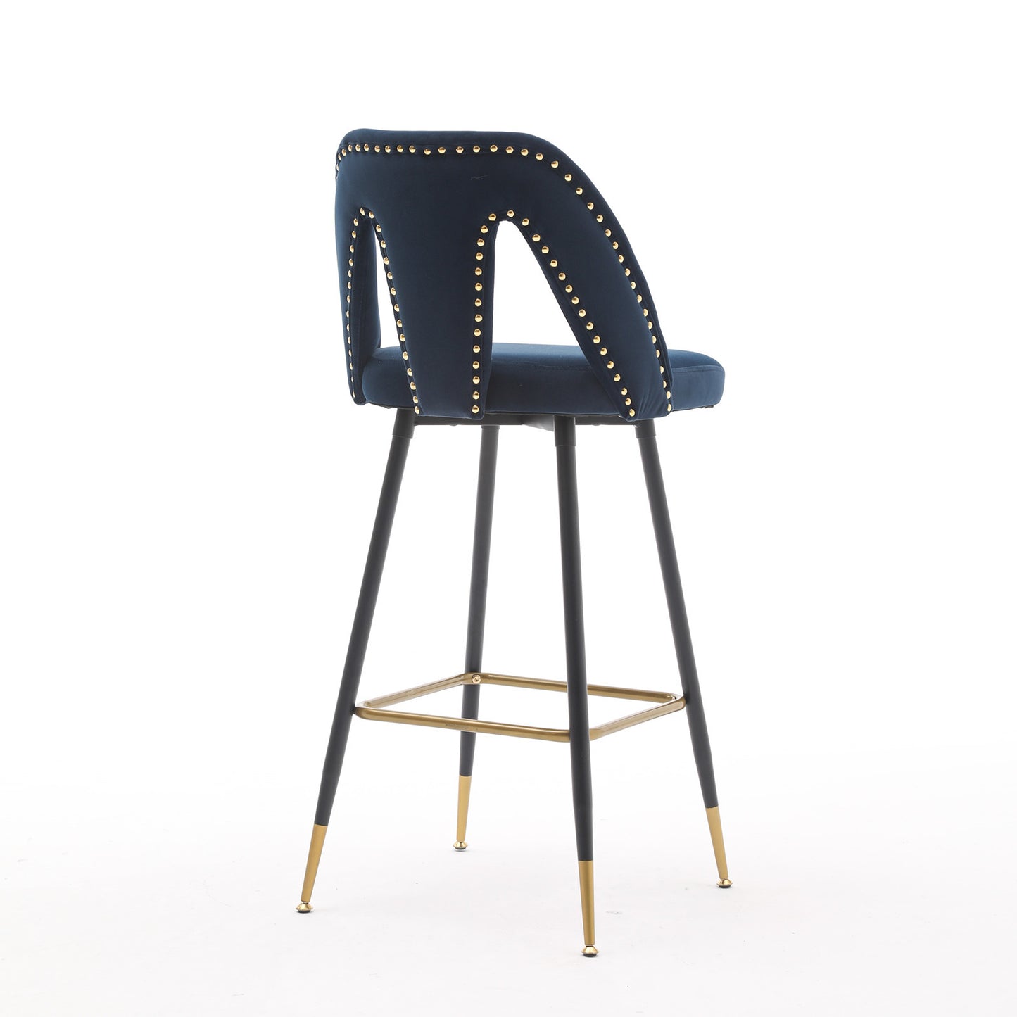 Zara - Set of 2 - 29" Blue Velvet Bar Stools with Gold-Tipped Black Metal Legs