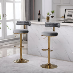 Avyline - Set of 2 - 25" - 33" Grey Velvet Adjustable Bar Stools with Footrest and Golden Iron Legs