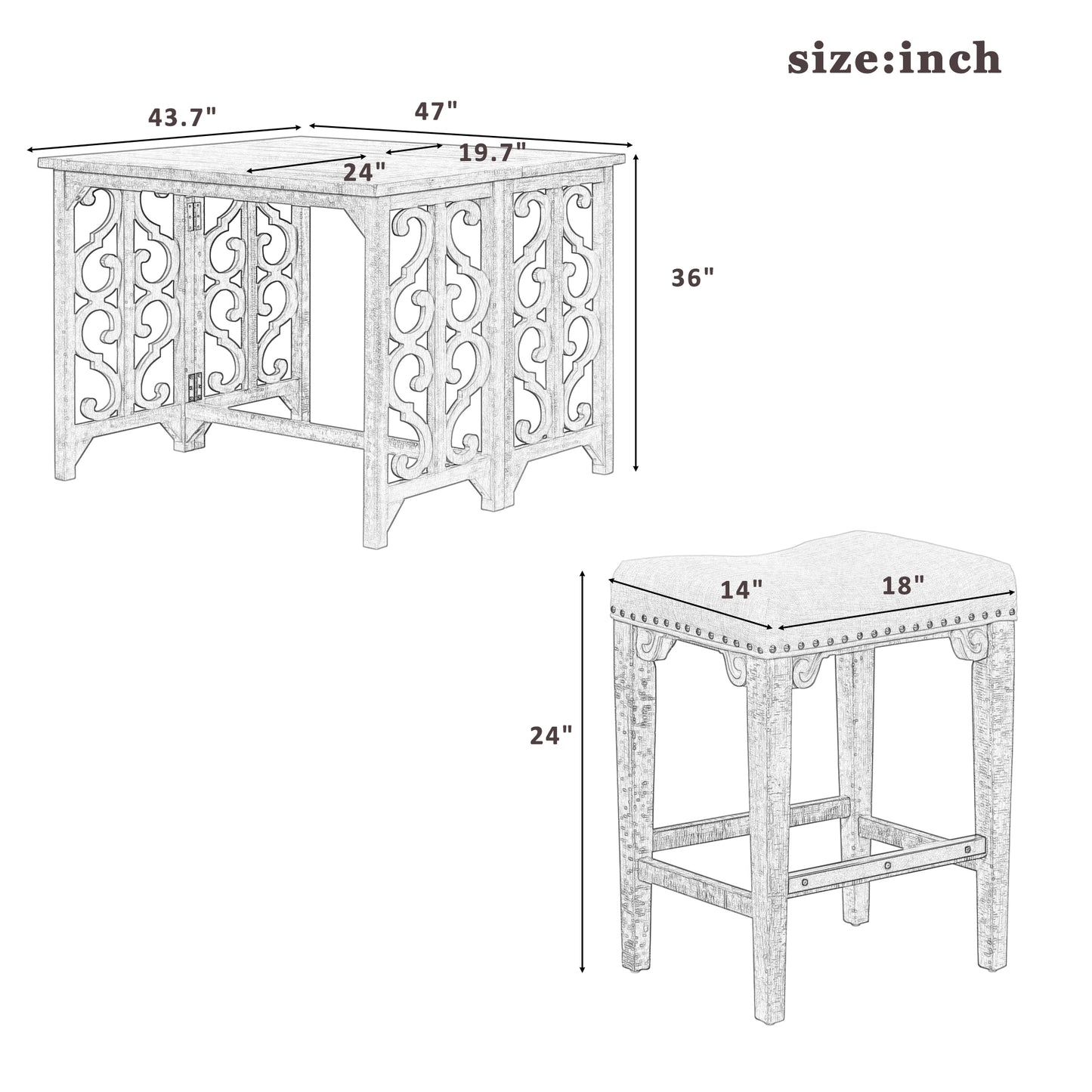 Lynne- Set of 3 - 24" Espresso Foldable Dining Set with Solid Wood Counter-Height Table & 2 Saddle Stools (36” Table Height)