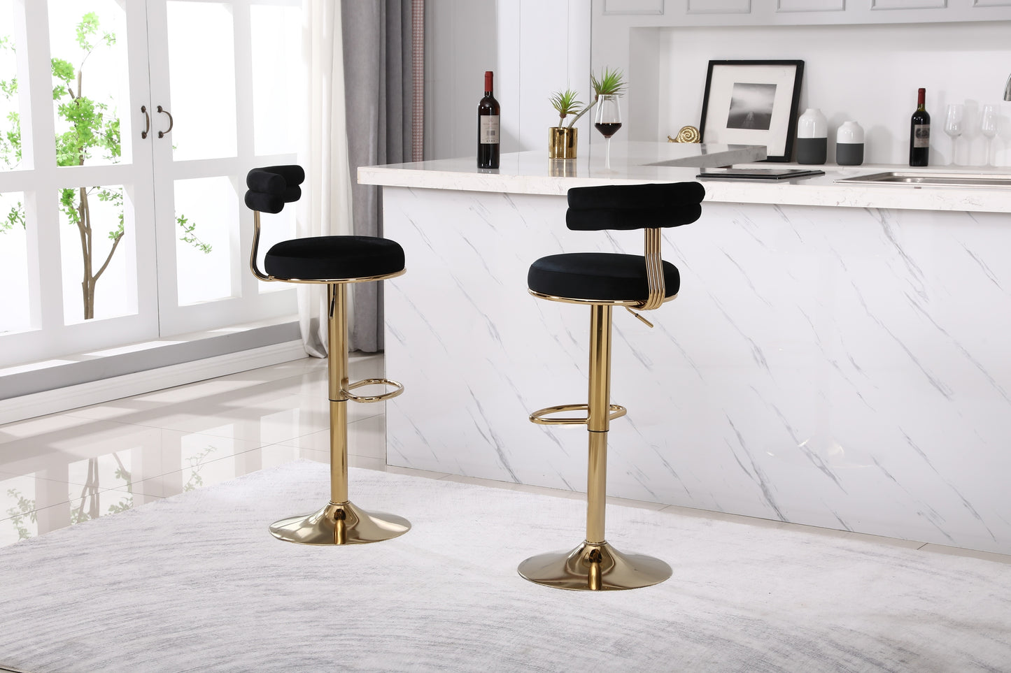 Hollis - Set of 2 - 26" Black Velvet Adjustable Counter & Bar Stools with Golden Iron Legs