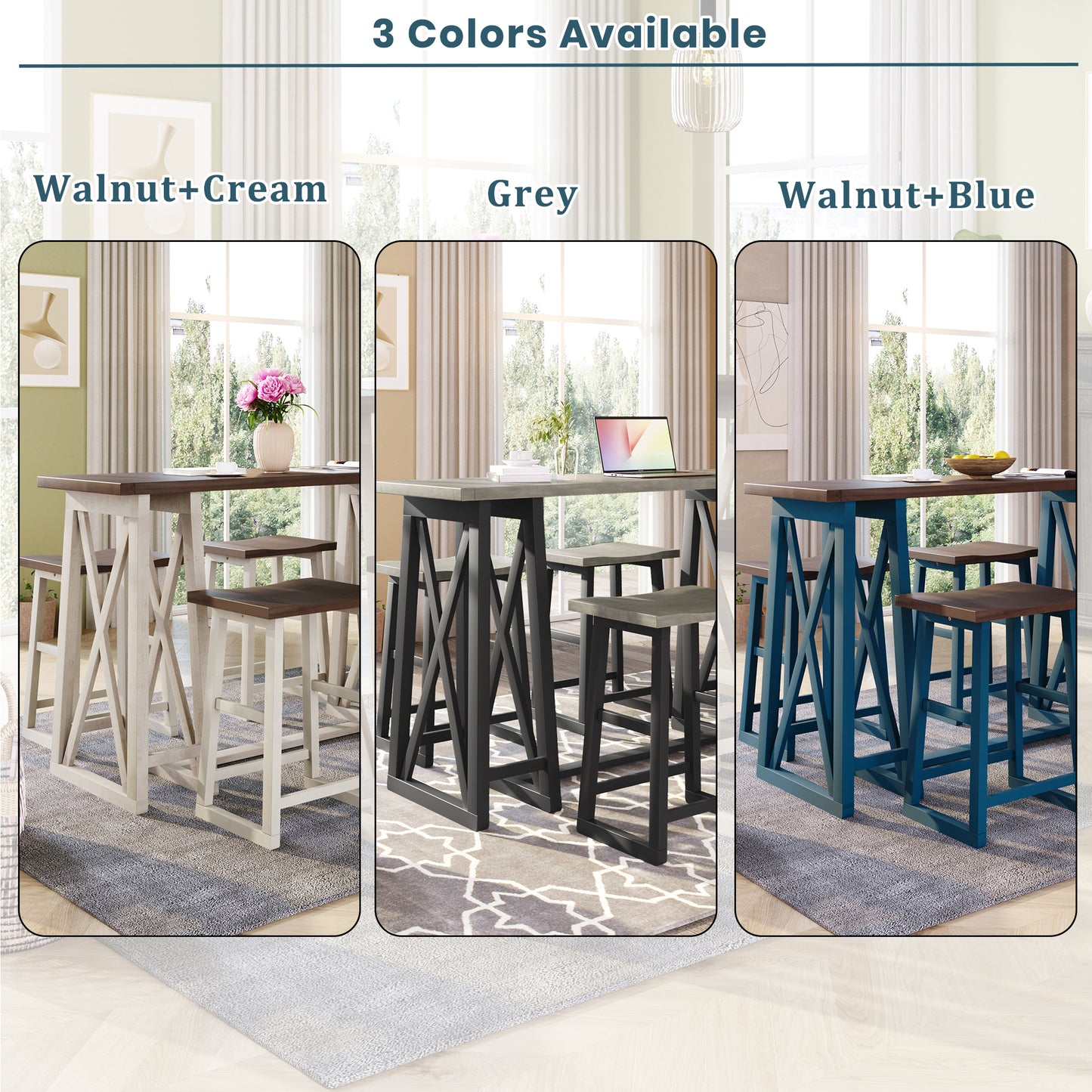 Kassian - Set of 5 - 24" Counter Height Dining Set with Solid Rubberwood, Gray Finish, and 4 Stools