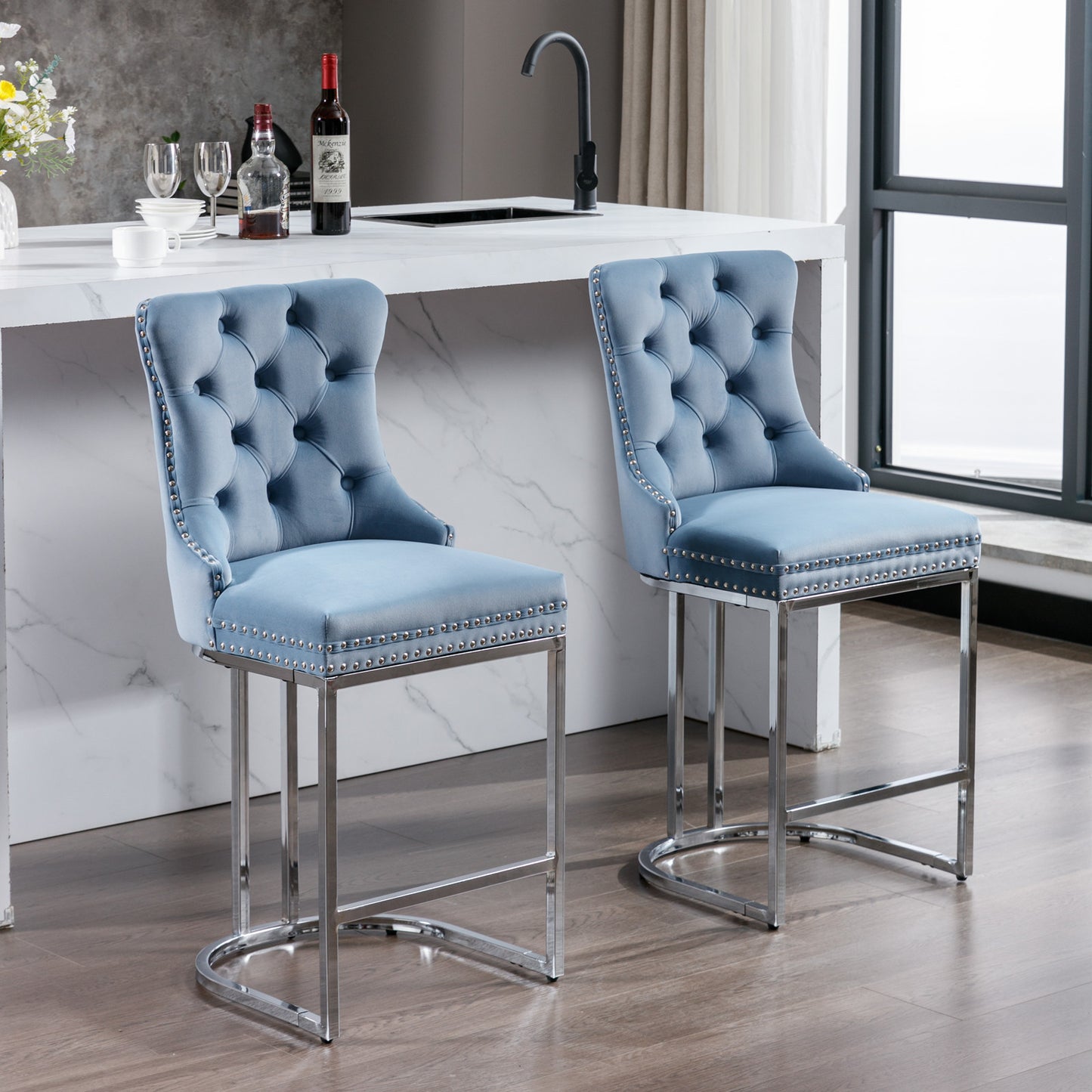 Harris - Set of 2 - 26" Light Blue Velvet Counter Height Bar Stools with Button Tufted Back, Rivet Trim, and Chrome Base for Kitchen Island