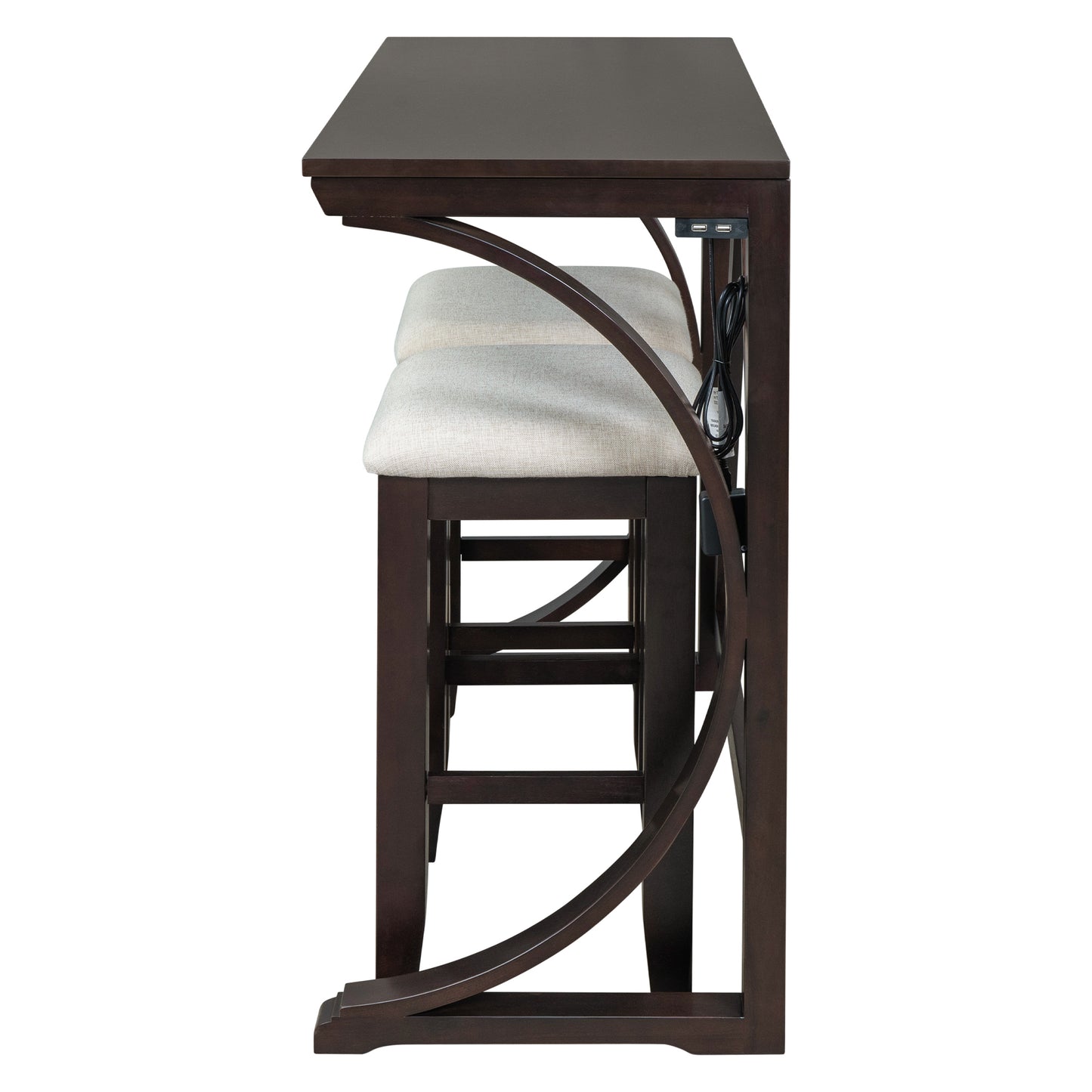 Brinova - Set of 2 - 24" Upholstered Counter Stools with USB Ports and Espresso Farmhouse Rubberwood Table (47.2")