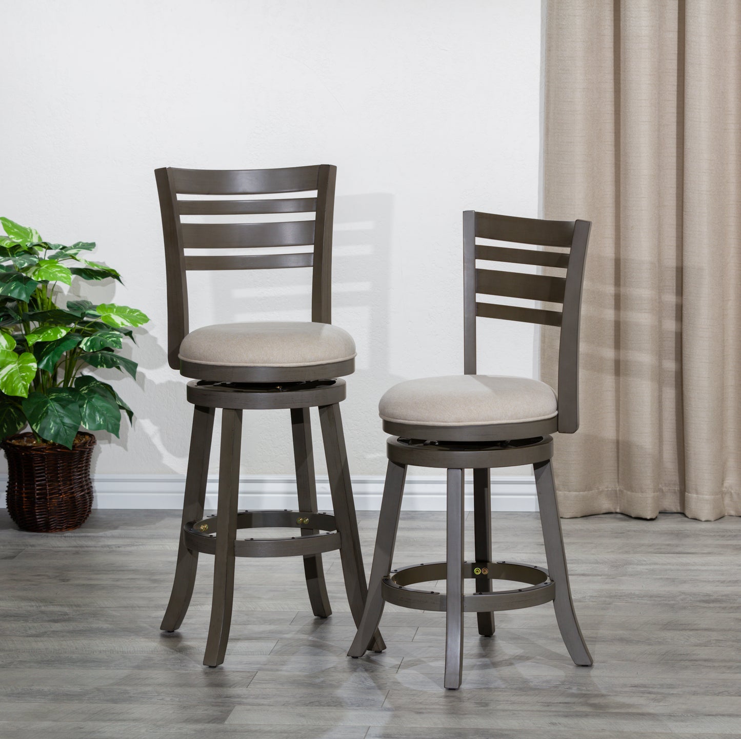 Solterra – Set of 2 – 24" Counter Height Swivel Stools with Slat Back, Weathered Gray Finish, and Beige Upholstered Seat