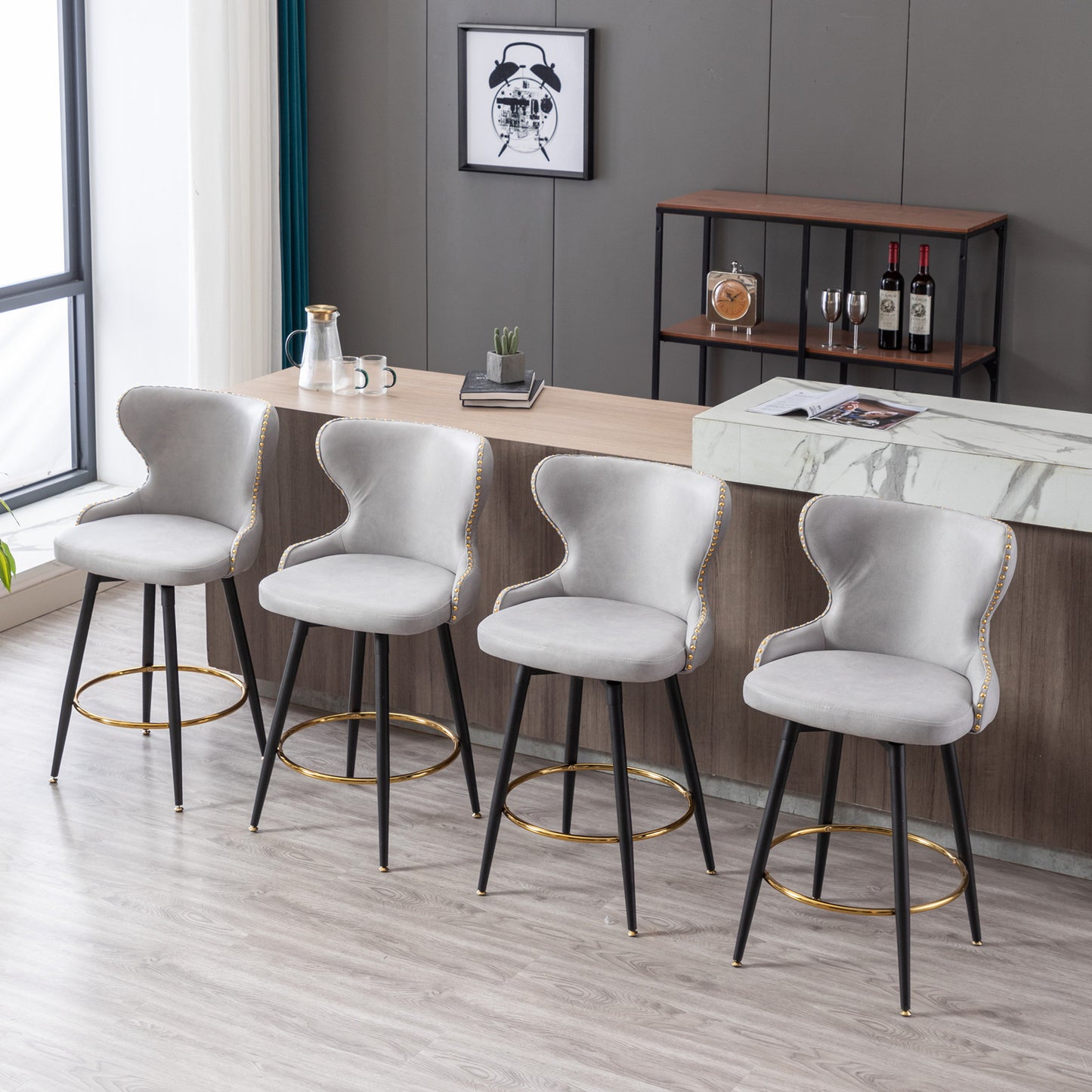 Amelia - Set of 2 – 25" Light Gray Counter Height Tufted Bar Stools with 180° Swivel, Gold Nailhead Trim, and Black Metal Legs