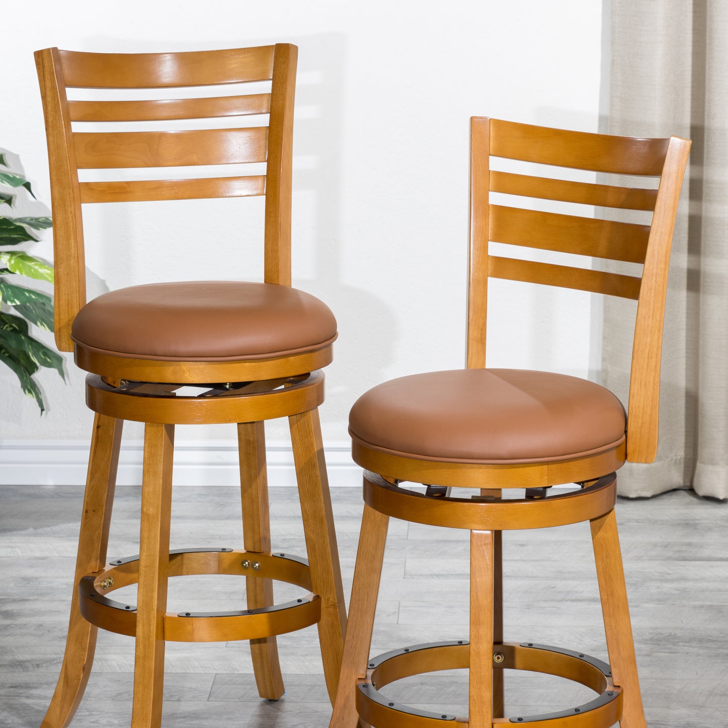 Samira – Set of 2 – 24" Swivel Counter Stools with Natural Finish and Saddle Leather Seats