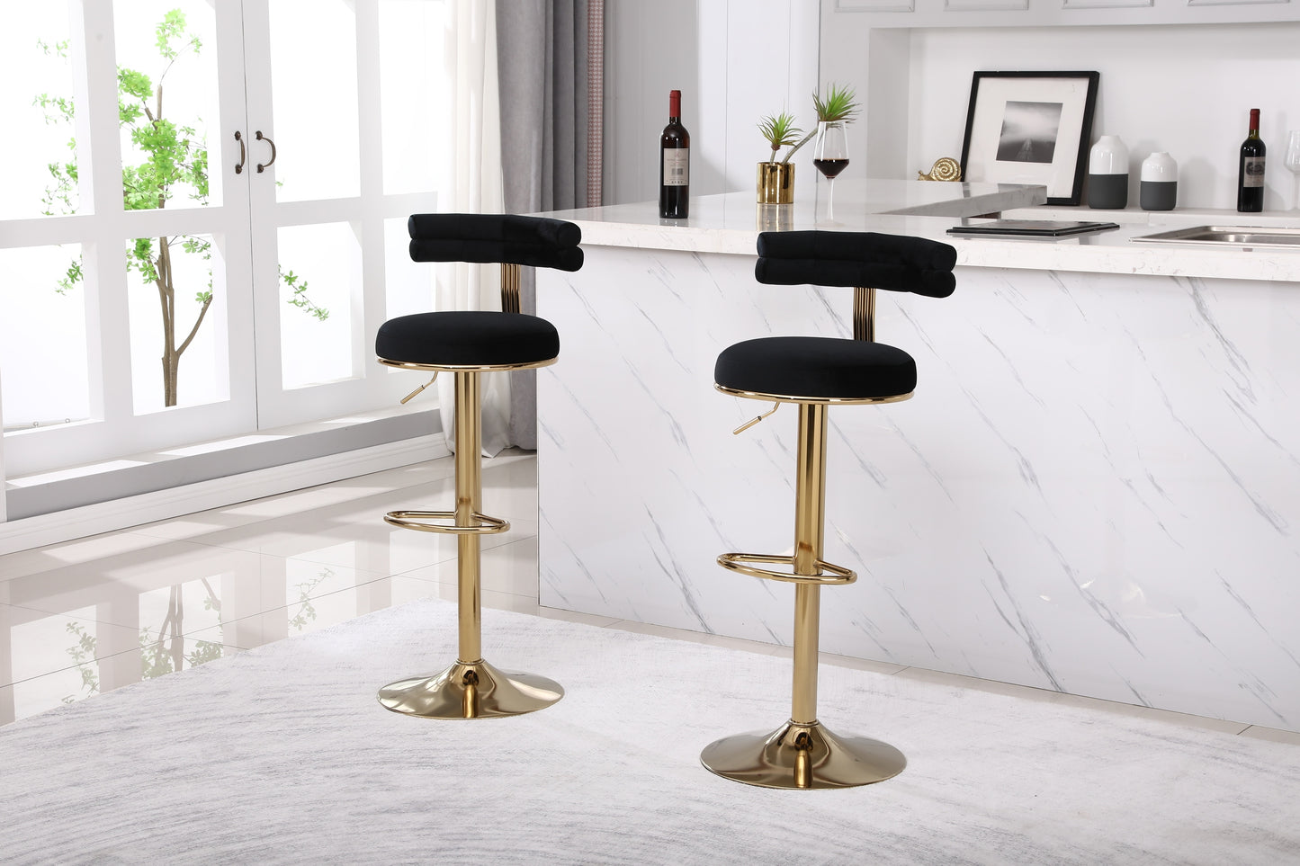 Hollis - Set of 2 - 26" Black Velvet Adjustable Counter & Bar Stools with Golden Iron Legs