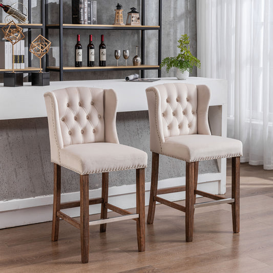 Hybretta - Set of 2 - 27" Wingback Bar Stools - Upholstered Chairs with Nailhead Trim & Tufted Velvet Back - Beige