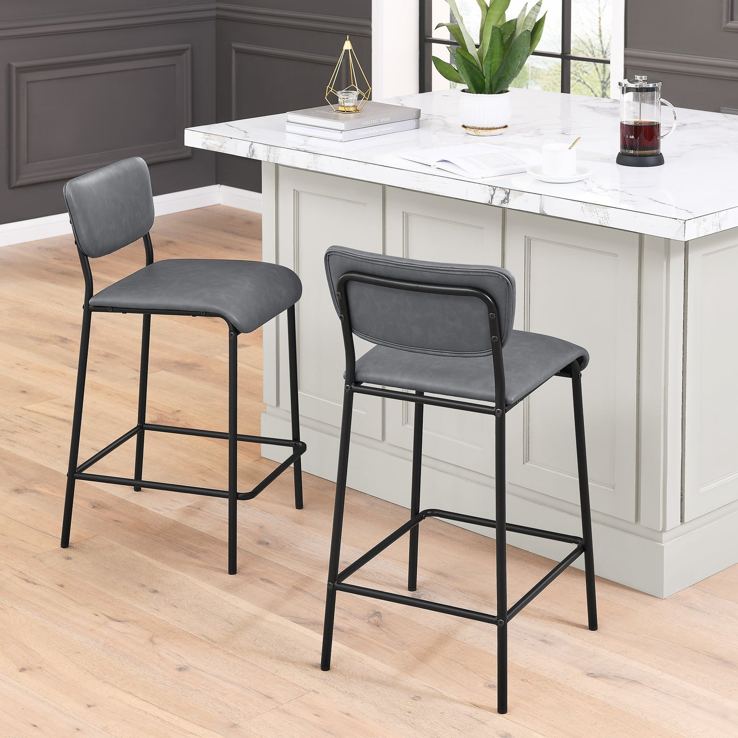 Kensington – Set of 2 – 25" Grey Faux Leather Counter Stools with Backrest, Footrest & Sturdy Metal Frame