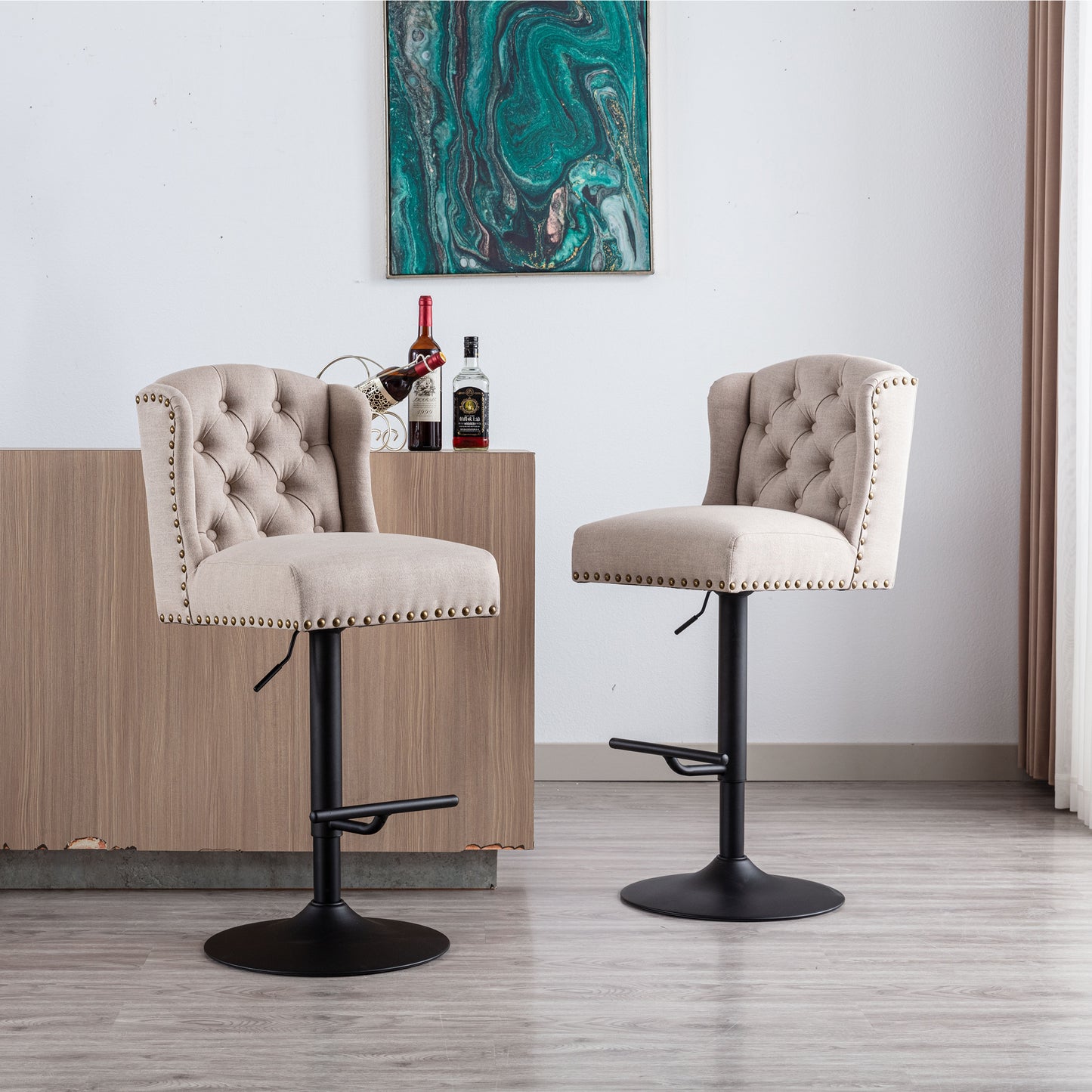 Norwood - Set of 2 - 27" Cream Adjustable Swivel Bar Stools with Wing Back Linen Upholstery and Black Metal Base