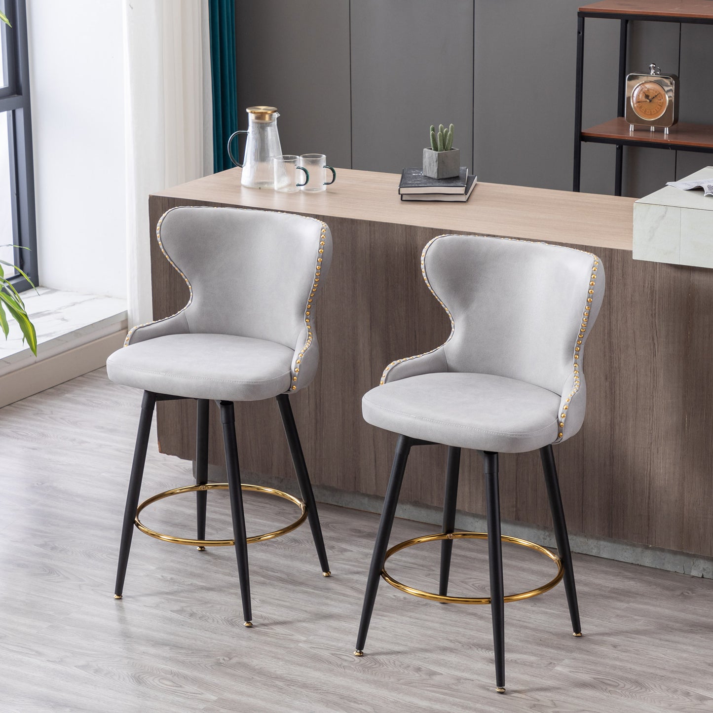 Amelia - Set of 2 – 25" Light Gray Counter Height Tufted Bar Stools with 180° Swivel, Gold Nailhead Trim, and Black Metal Legs