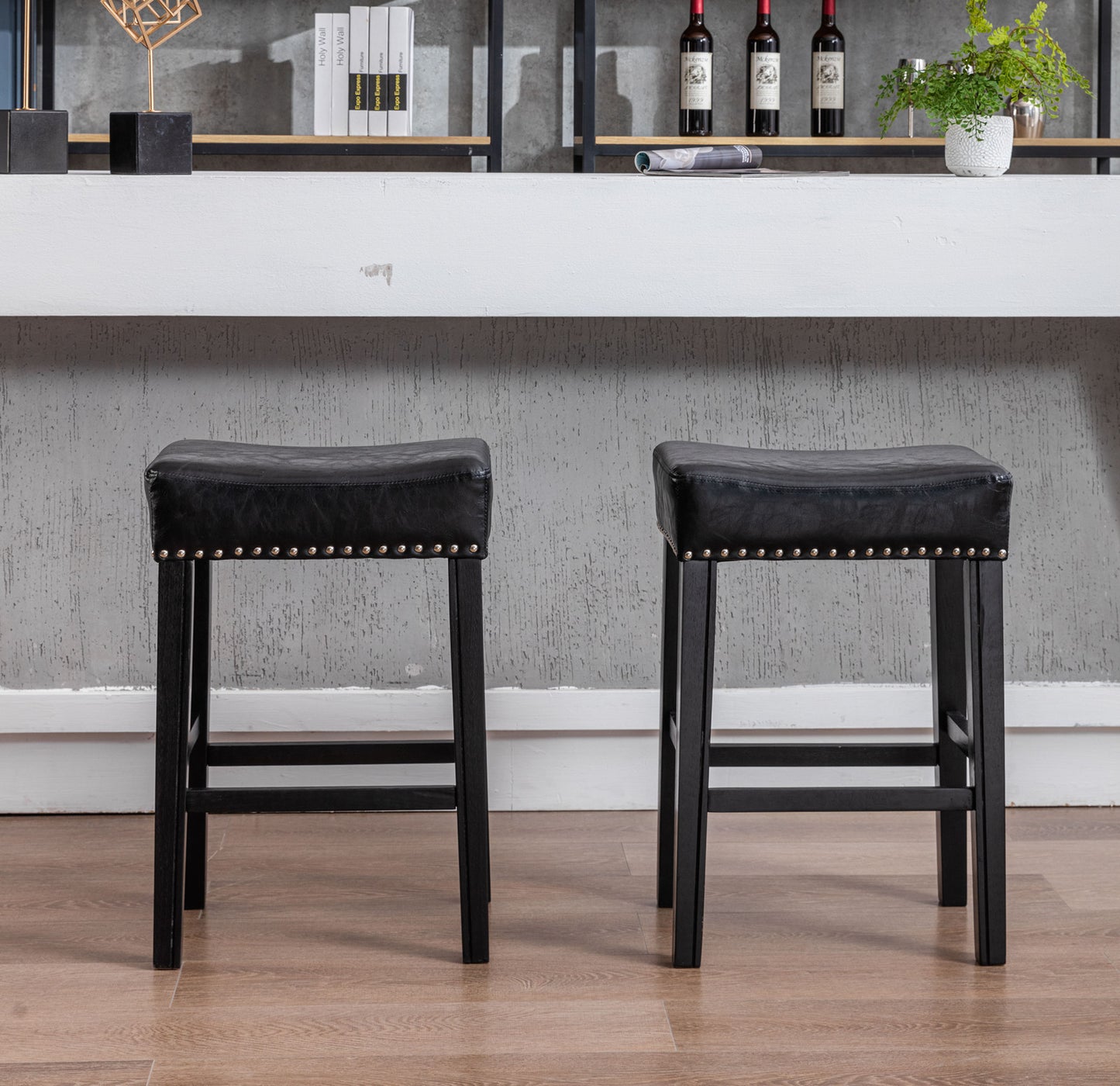 Moniler - Set of 2 - 26" Black Faux Leather Backless Bar Stools with Solid Wood Legs