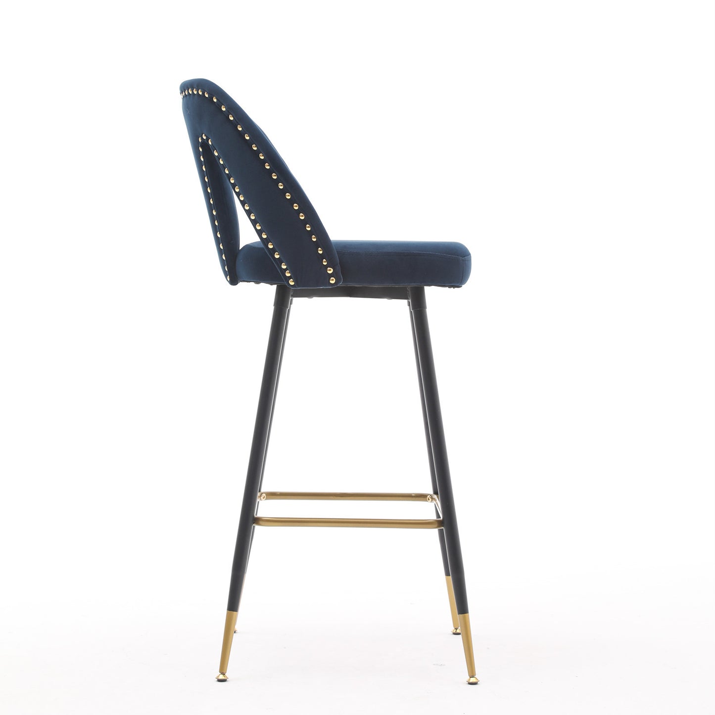 Zara - Set of 2 - 29" Blue Velvet Bar Stools with Gold-Tipped Black Metal Legs