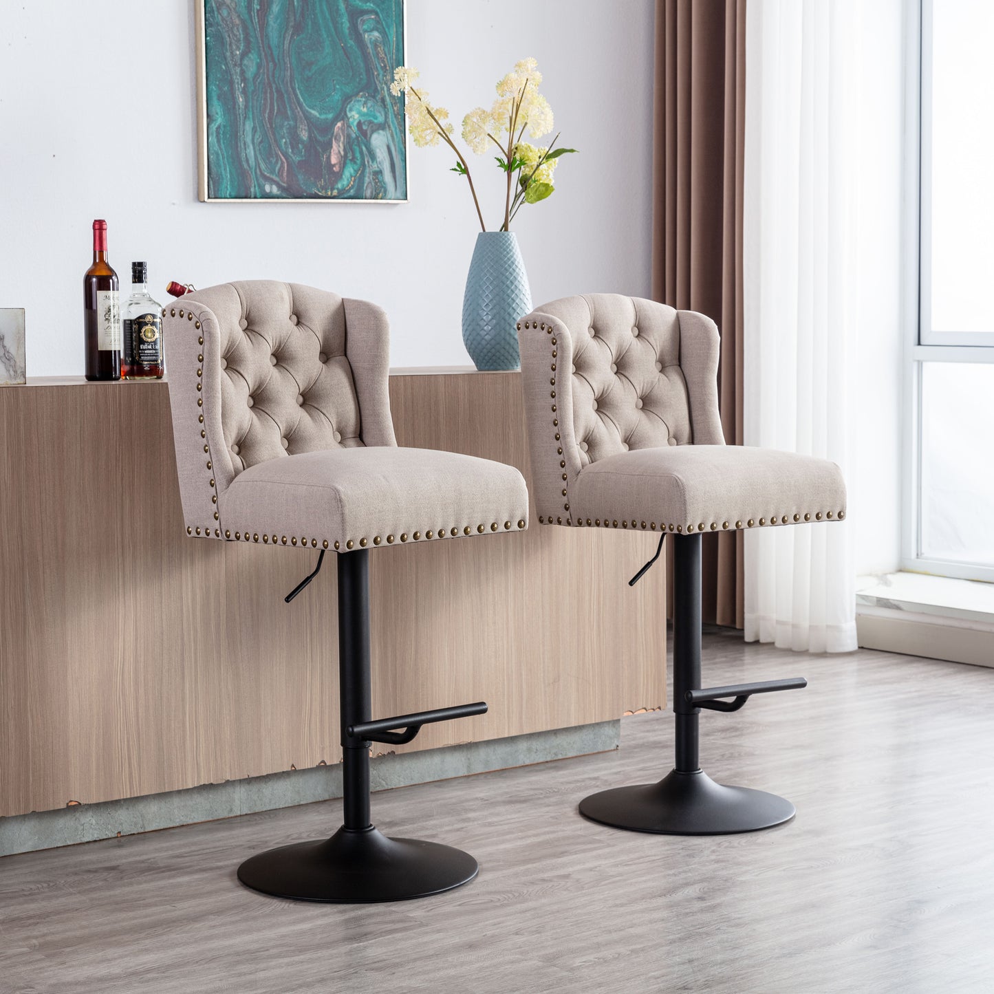 Norwood - Set of 2 - 27" Cream Adjustable Swivel Bar Stools with Wing Back Linen Upholstery and Black Metal Base