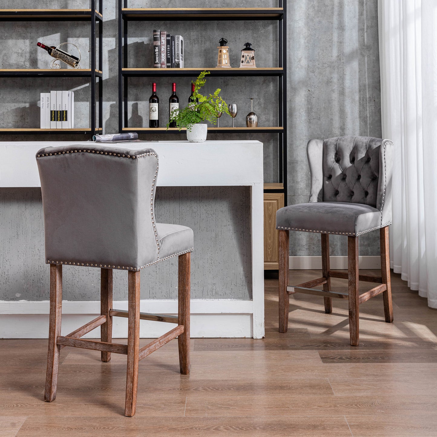 Bellamy - Set of 2 - 27" Grey Velvet Wingback Counter Stools with Nailhead Trim, Tufted Back, and Solid Wood Legs