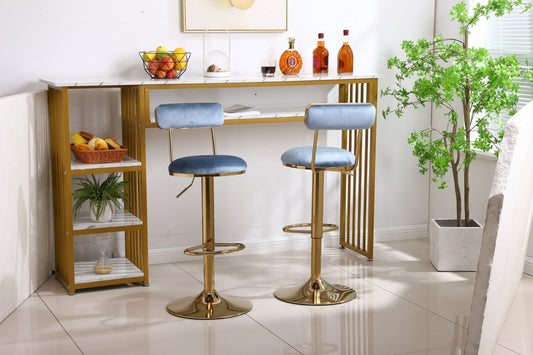 Imperia - Set of 2 - 24" to 30" Adjustable  Light Blue Velvet Bar Stools with Golden Steel Legs