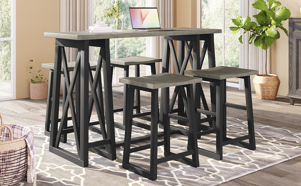 Kassian - Set of 5 - 24" Counter Height Dining Set with Solid Rubberwood, Gray Finish, and 4 Stools