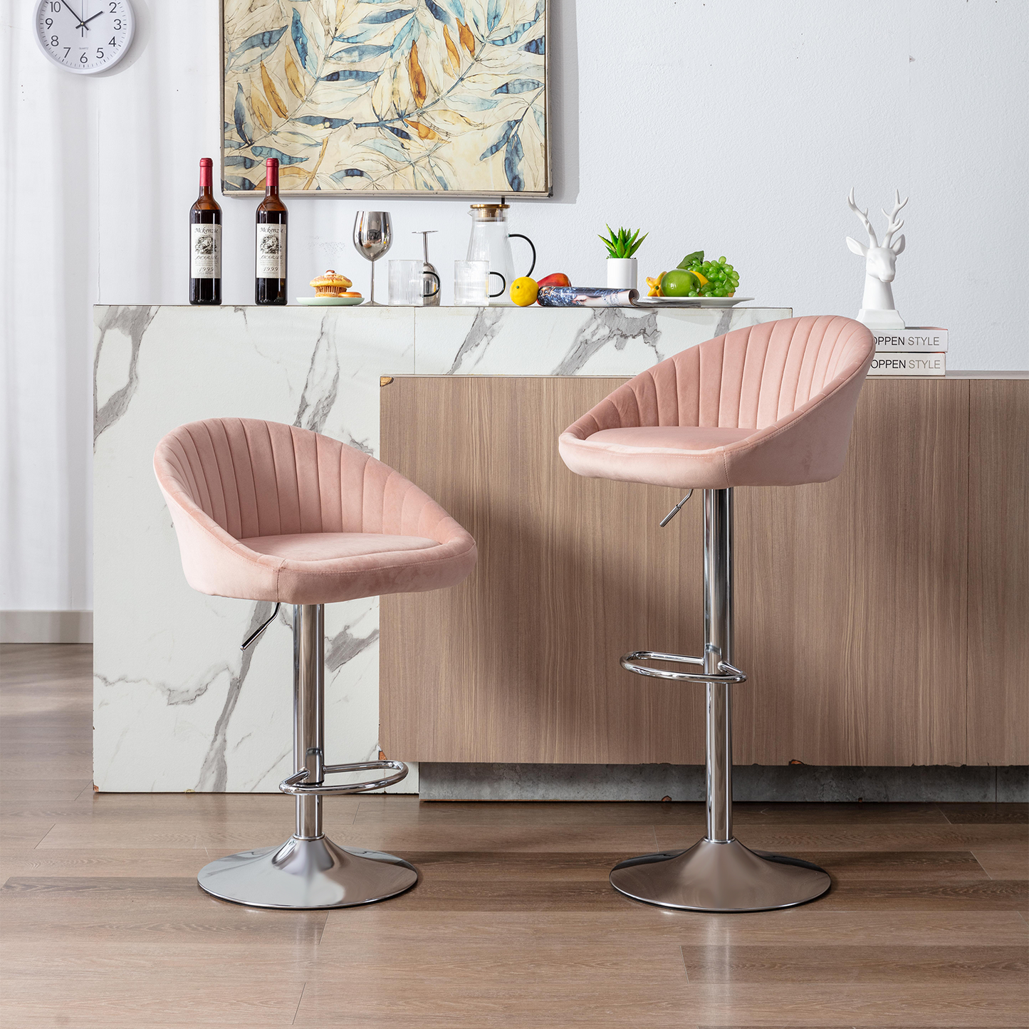 Haylen - Set of 2 - 30” Adjustable Pink Velvet Bar Stools with Backrest, Footrest, and 41.7” Height