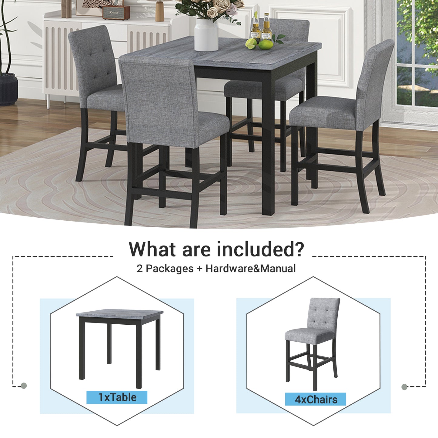 Lethyr - Set of 2 - 24" Black & Gray Rubberwood Counter Stools with Upholstered Seats, 5-Piece Dining Set, Square Table (36”H)