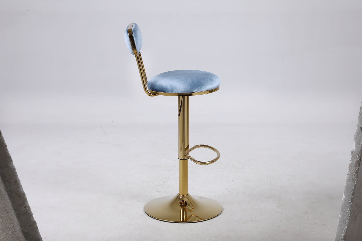 Imperia - Set of 2 - 24" to 30" Adjustable  Light Blue Velvet Bar Stools with Golden Steel Legs