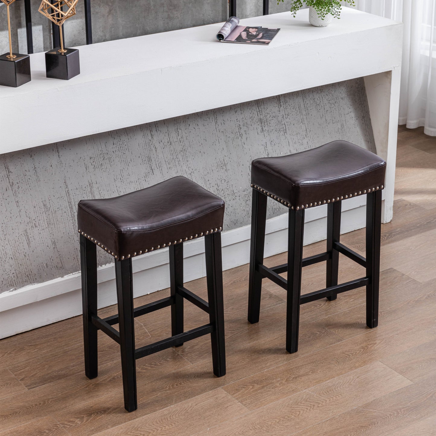 Bradshaw - Set of 2 - 28"  Brown Backless Faux Leather Counter Stools with Farmhouse Design and Solid Wood Legs