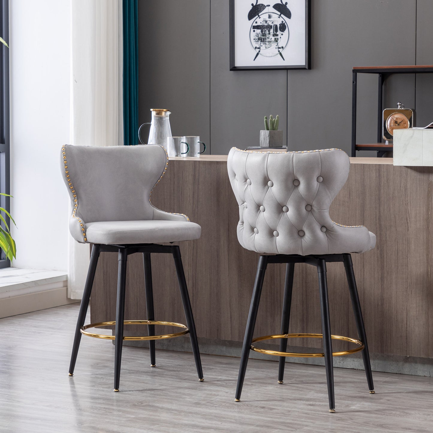 Amelia - Set of 2 – 25" Light Gray Counter Height Tufted Bar Stools with 180° Swivel, Gold Nailhead Trim, and Black Metal Legs