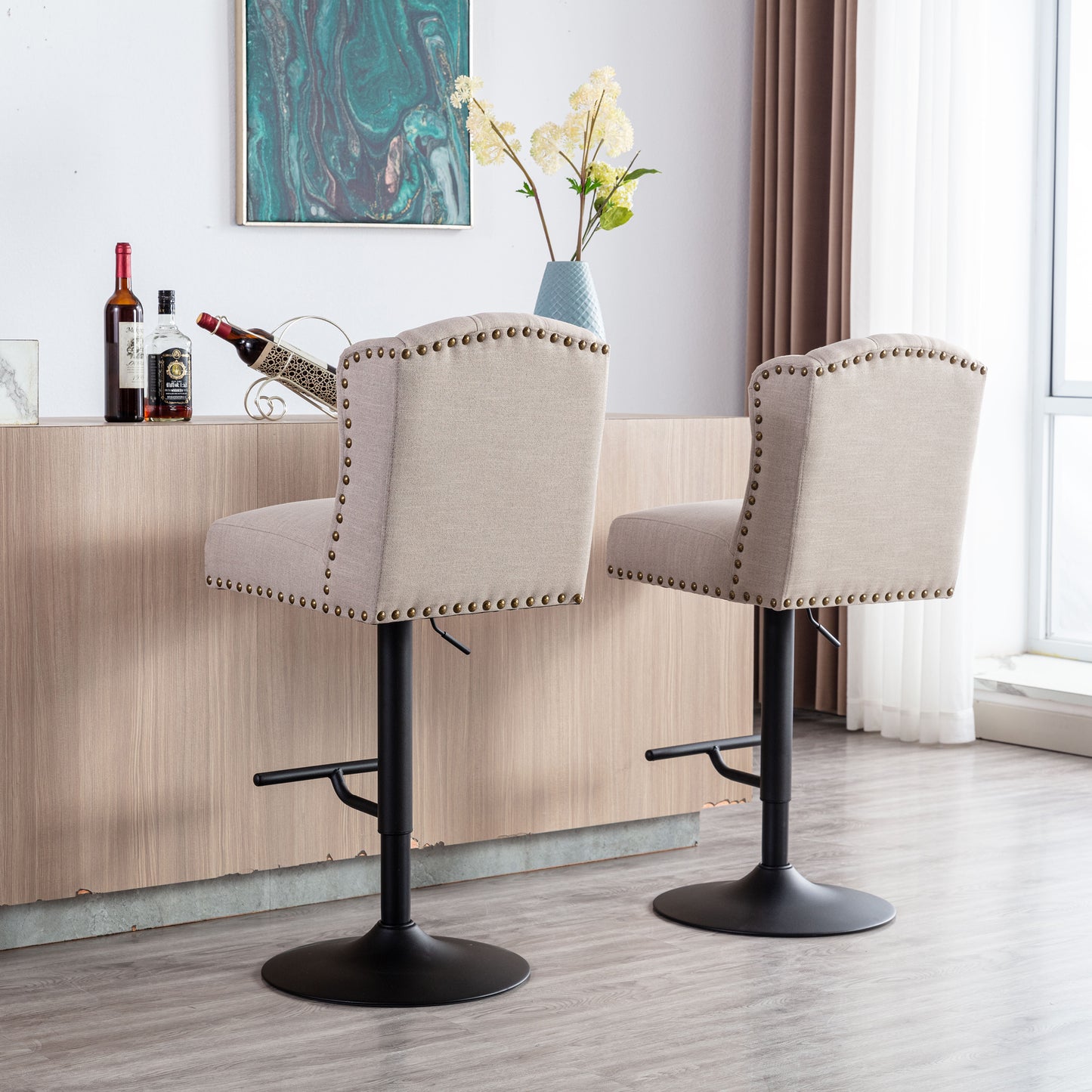 Norwood - Set of 2 - 27" Cream Adjustable Swivel Bar Stools with Wing Back Linen Upholstery and Black Metal Base