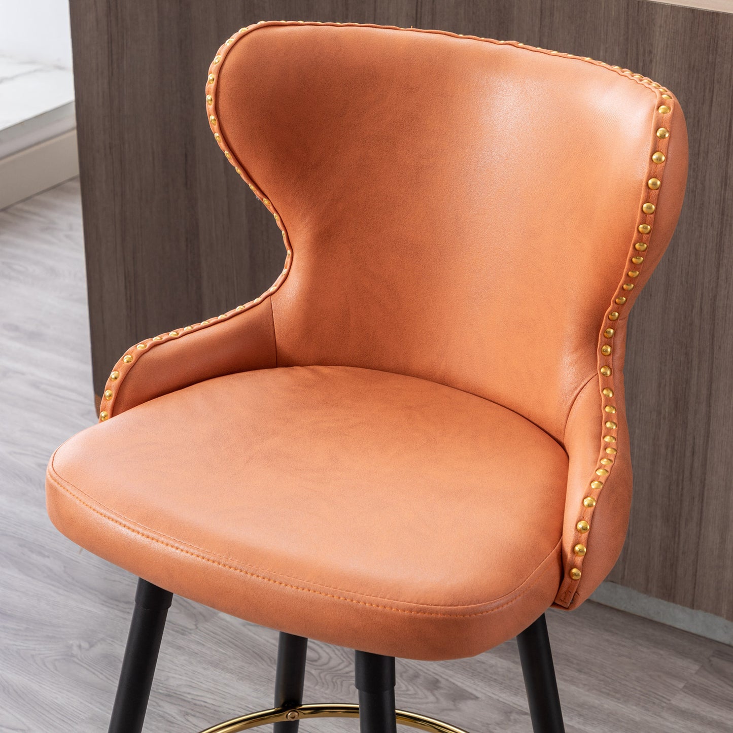 Vera - Set of 2 - Orange 25" Counter Height Swivel Bar Stools with Tufted Leathaire Fabric, Gold Nailhead Trim, and Black Metal Legs