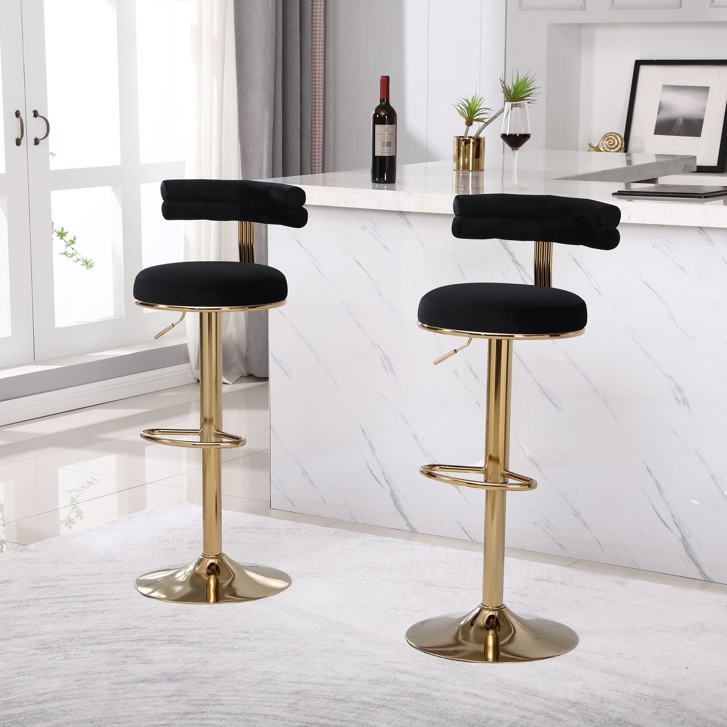 Hollis - Set of 2 - 26" Black Velvet Adjustable Counter & Bar Stools with Golden Iron Legs