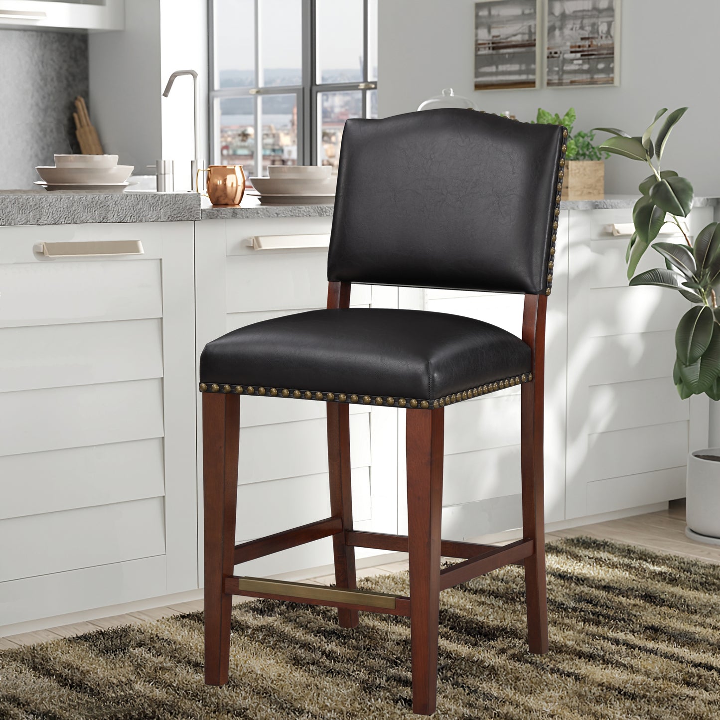 UrbanVibe - Set of 2 - 26" Brown Faux Leather Counter Stools with Nail Head Trim