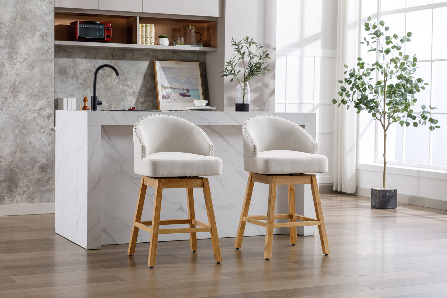 Halstid - Set of 2 - 29" Beige Linen Counter Height Bar Stools with 360° Swivel - Footrest and Solid Wood Legs