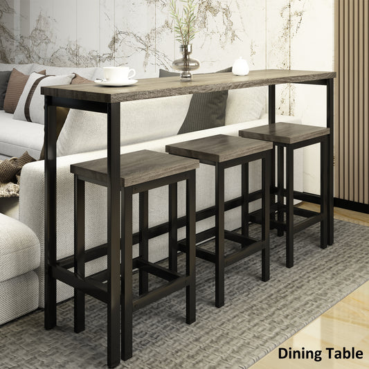 Tessa - Set of 4 - 30"  Extra Long 60" Counter Height Dining Table Set with 3 Stools, Gray Pub Table with Footrest, Modern Space-Saving Design for Kitchen or Side Table Use