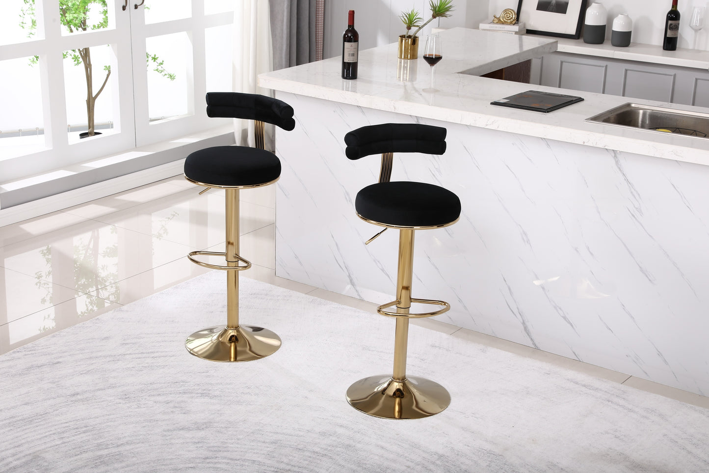 Hollis - Set of 2 - 26" Black Velvet Adjustable Counter & Bar Stools with Golden Iron Legs