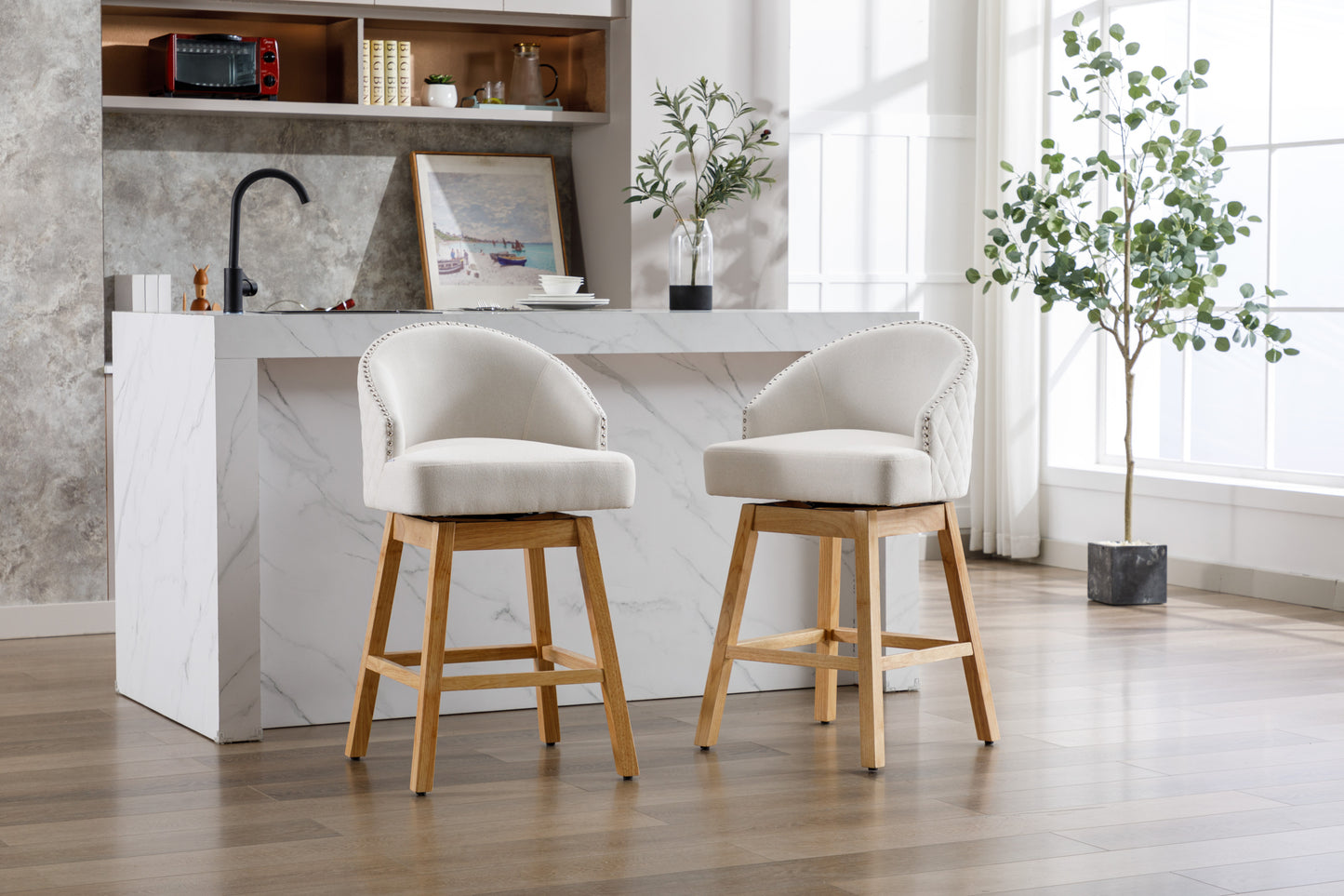 Halstid - Set of 2 - 29" Beige Linen Counter Height Bar Stools with 360° Swivel - Footrest and Solid Wood Legs