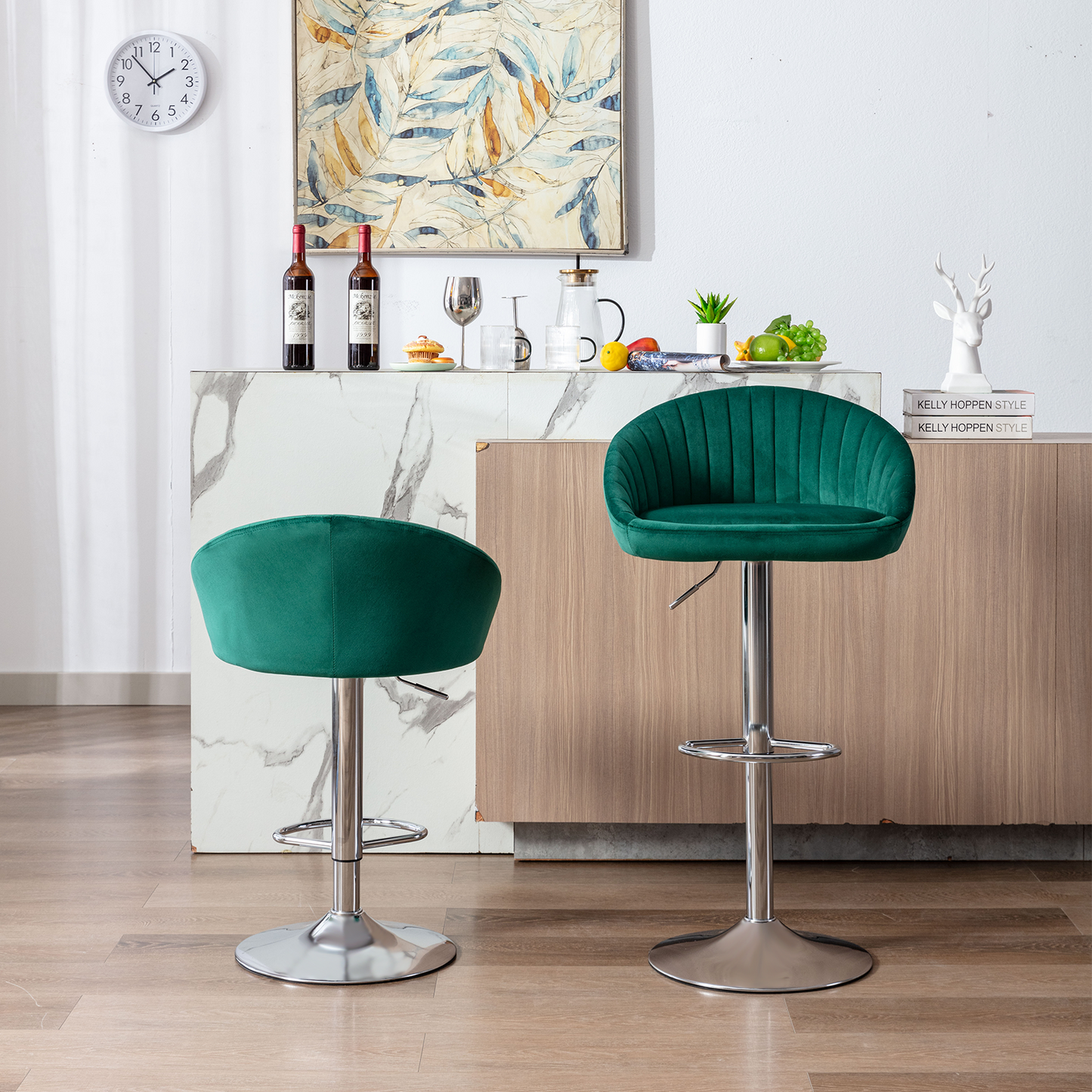 Sherwood - Set of 2 - 25" Emerald Velvet Adjustable Counter Height Bar Stools with Backrest and Footrest