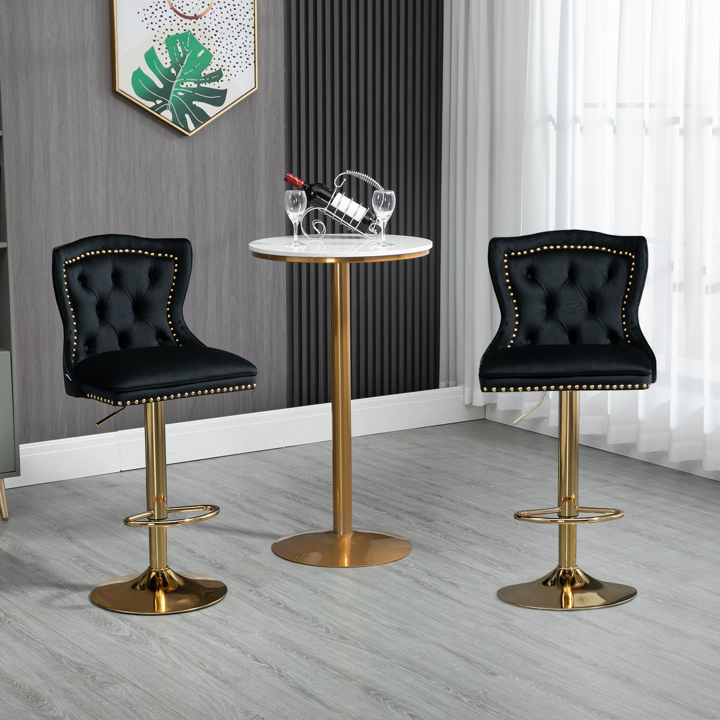 Hearthstone - Set of 2 - 26" Black Velvet Bar Stools with Back and Footrest, Adjustable Height