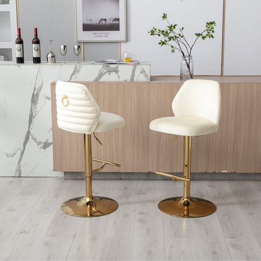 Harveii - Set of 2 -25 " Cream Velvet Swivel Bar Stools with Adjustable Counter Height, Tufted High Back & Chrome Golden Base