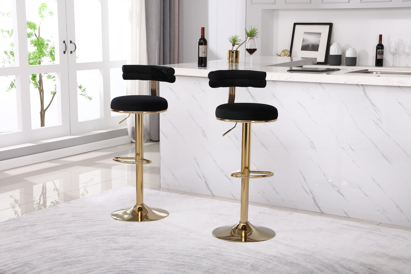 Hollis - Set of 2 - 26" Black Velvet Adjustable Counter & Bar Stools with Golden Iron Legs