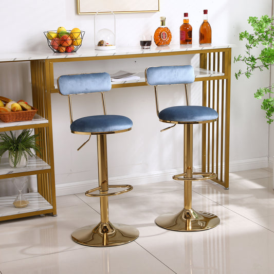 Imperia - Set of 2 - 24" to 30" Adjustable  Light Blue Velvet Bar Stools with Golden Steel Legs