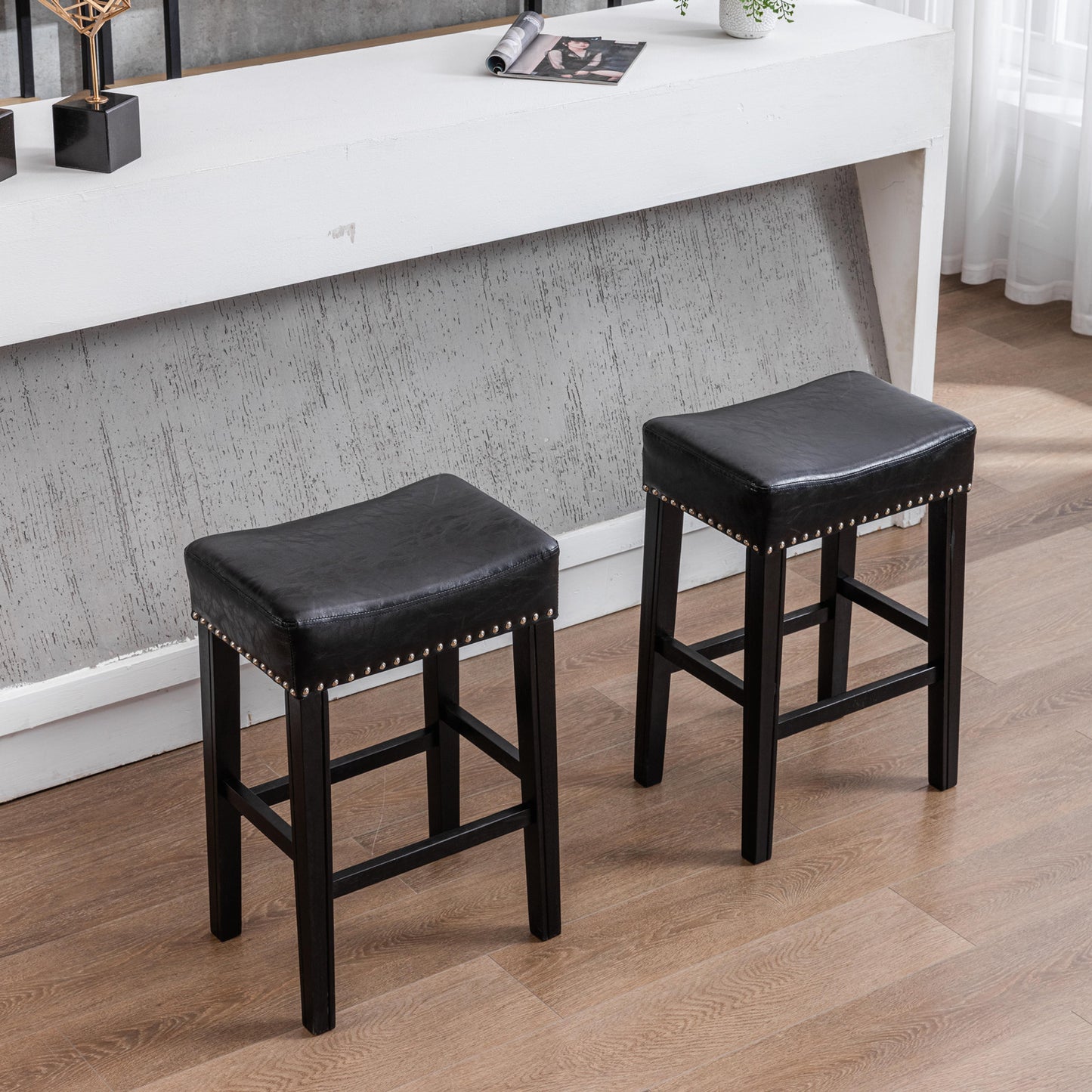 Moniler - Set of 2 - 26" Black Faux Leather Backless Bar Stools with Solid Wood Legs